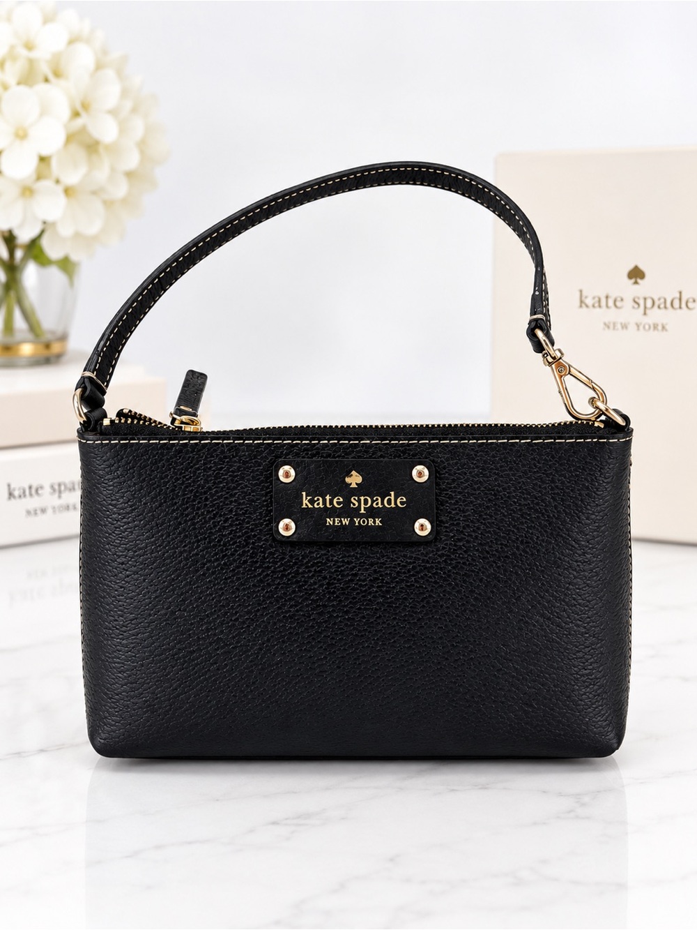 kate spade Black Pebbled Leather Mini Wristlet with Gold Hardware